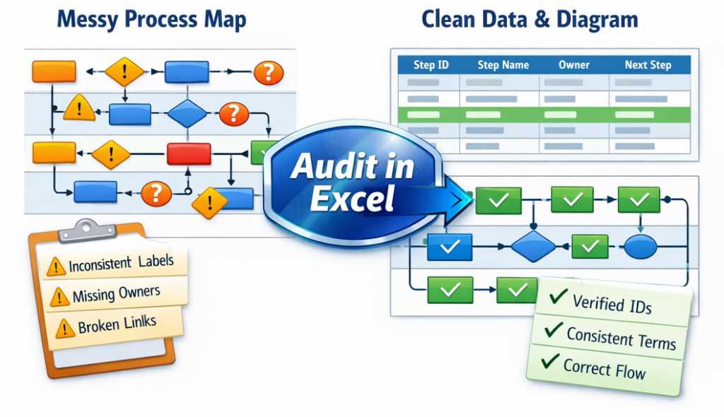 comparison graphic showing a messy cross-functional process map on the left with warning icons and audit issues, and a clean, regenerated diagram on the right driven by a structured dataset table. A central arrow badge labeled ‘Audit in Excel’ illustrates the transformation from inconsistent, hard-to-audit diagrams to validated, consistent, data-driven workflows.