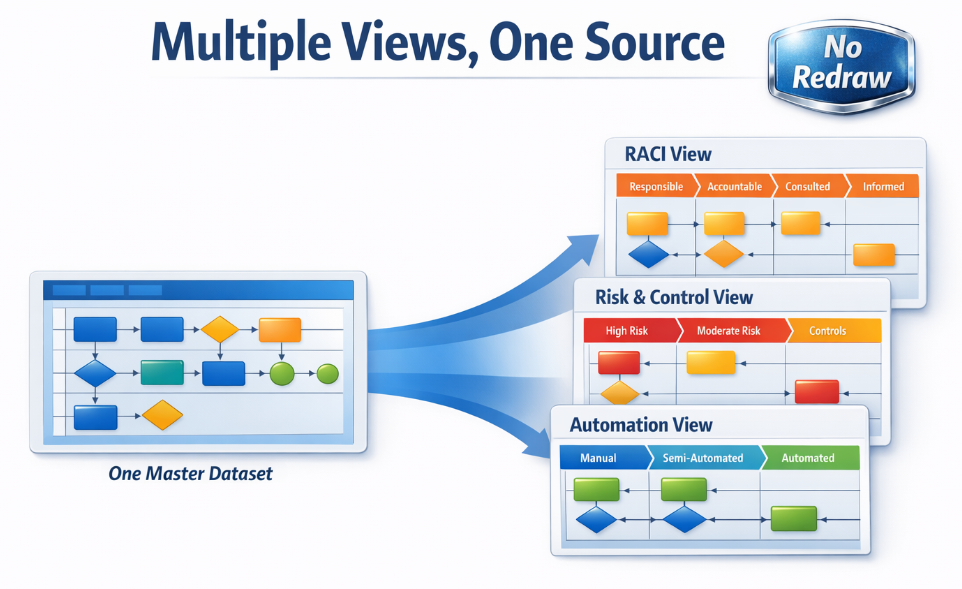 marketing graphic showing a clean, white-background technical diagram. On the left, a single “one master dataset” cross-functional flowchart appears as a structured, Excel-like table with connected process shapes. From it, three blue arrows fan out to the right into three separate panels representing different process lenses: a RACI view with responsibility lanes, a risk and control view highlighting higher-risk steps, and an automation view grouping steps by manual to automated. The design uses blue, teal, amber, and green accents to contrast before and after clarity, and includes a small metallic blue “No Redraw” badge to emphasize that multiple views come from the same underlying dataset without duplicating diagrams.