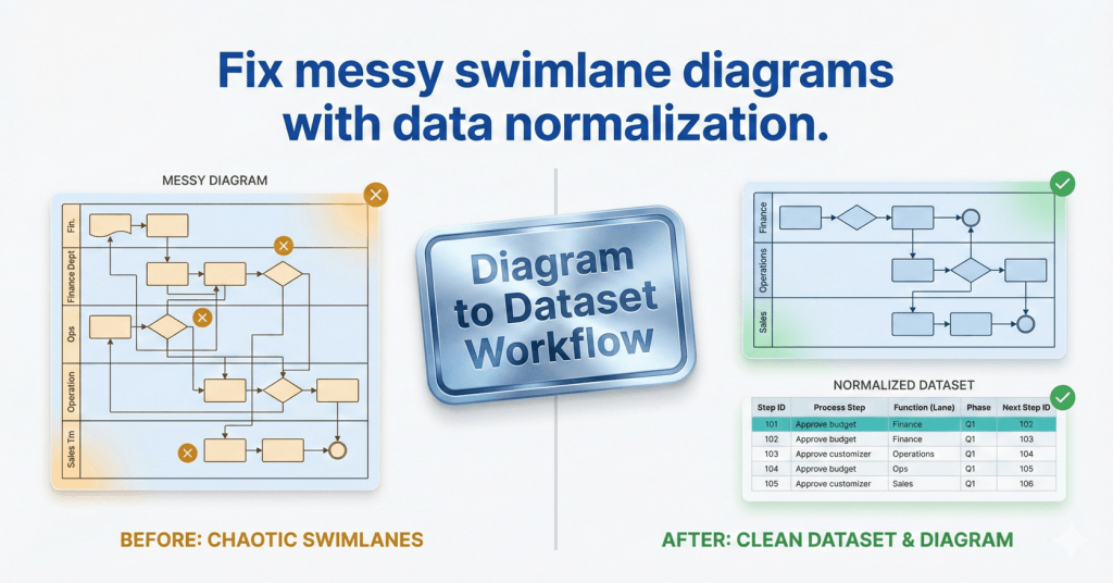 comparison graphic titled "Fix messy swimlane diagrams with data normalization." The left side shows a chaotic, unorganized cross-functional flowchart marked with amber warning signs, labeled "Before: Chaotic Swimlanes." The right side displays a clean, structured data table and a perfectly aligned flowchart marked with green success checks, labeled "After: Clean Dataset & Diagram." A central metallic badge reads "Diagram to Dataset Workflow.