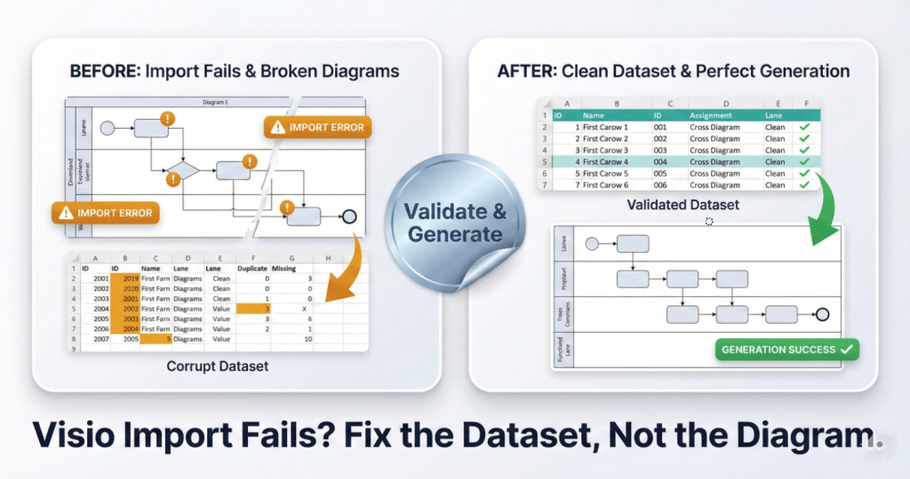 A square split-screen comparison graphic with a premium metallic trading-card finish. The bottom headline reads "Visio Import Fails? Fix the Dataset, Not the Diagram." The left card, labeled "BEFORE: Import Fails & Broken Diagrams," shows a "Corrupt Dataset" table with amber error highlights and a broken, glitchy flowchart diagram marked with "IMPORT ERROR" warning badges. A central shiny silver foil sticker reading "Validate & Generate" acts as a bridge to the right side. The right card, labeled "AFTER: Clean Dataset & Perfect Generation," displays a clean "Validated Dataset" table with green checkmarks and a perfectly generated, organized flowchart labeled "GENERATION SUCCESS."