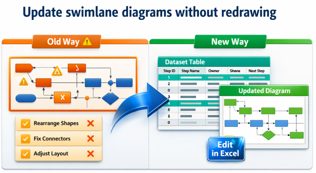 marketing graphic on a white background showing a before-and-after comparison of updating swimlane diagrams. On the left, an orange “Old Way” panel shows a messy flowchart with warning icons and a checklist highlighting pain points like rearranging shapes, fixing connectors, and adjusting layout. On the right, a blue-green “New Way” panel shows a clean dataset table feeding into a tidy regenerated swimlane diagram, with a glossy “Edit in Excel” badge emphasizing the data-driven update workflow.